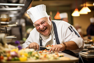 Portrait of a happy senior chef cooking in a restaurant kitchen. Generative AI