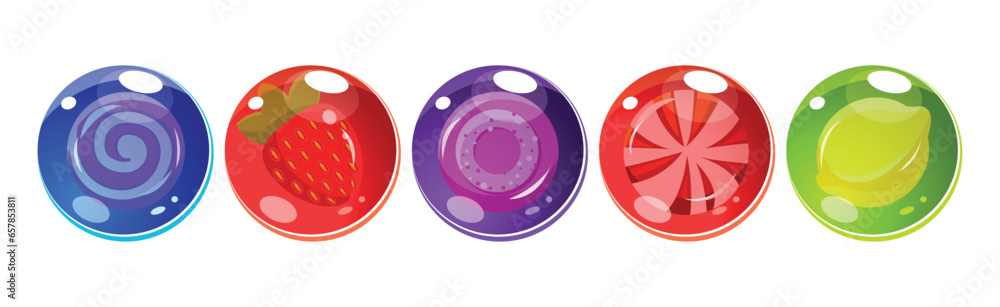 Poster colorful bubbles with candies inside as asset for game design vector set