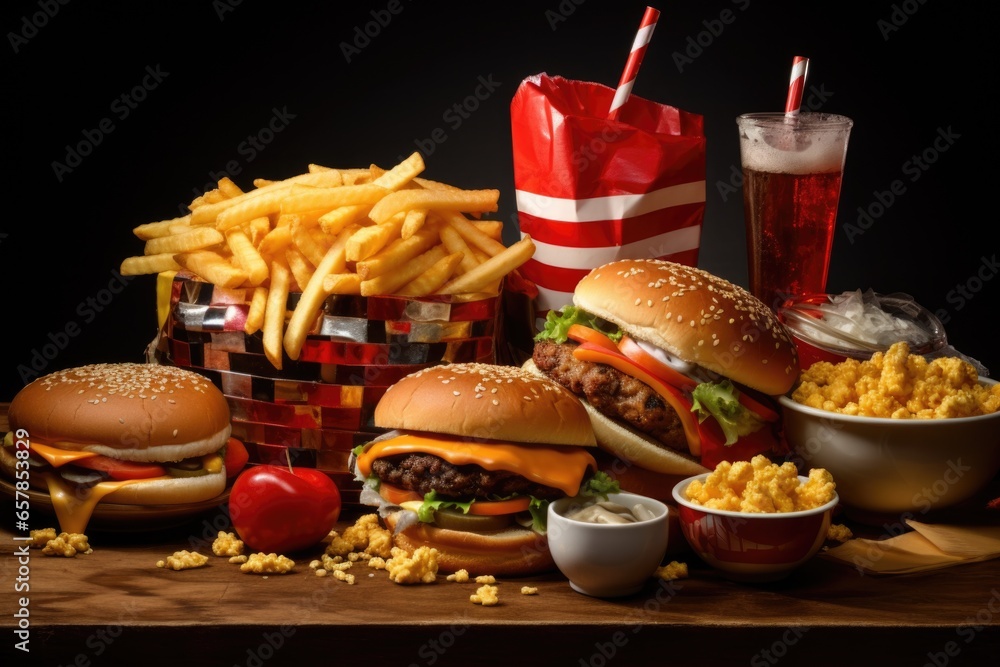 Poster a table filled with a diverse selection of delicious food. perfect for any food-related project or p