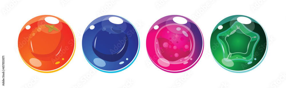 Poster colorful bubbles with candies inside as asset for game design vector set