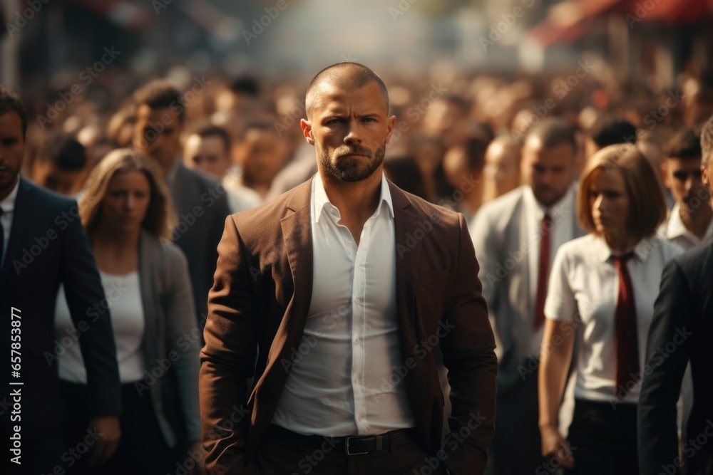 Poster a man confidently stands in front of a large crowd of people. this image can be used to represent le