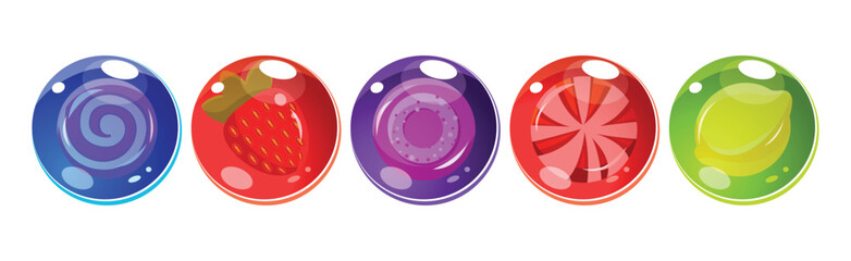 Colorful Bubbles with Candies Inside as Asset for Game Design Vector Set