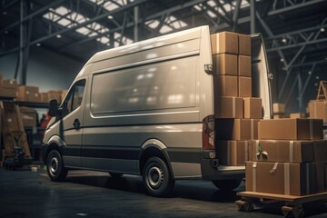 A van is parked inside a spacious warehouse. This image can be used to depict transportation, storage, logistics, or industrial concepts.