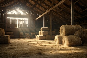 A picturesque barn with stacks of hay bales illuminated by sunlight. This image can be used to depict rural landscapes, agriculture, or farming scenes.