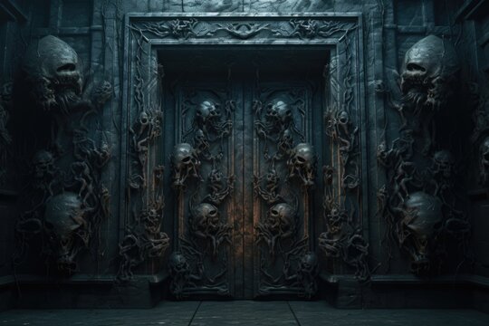 A dark room with a collection of skulls on the wall. This eerie image can be used for Halloween-themed designs or as a spooky background for horror projects.