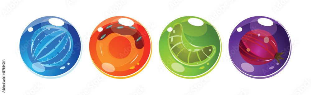 Poster colorful bubbles with candies inside as asset for game design vector set