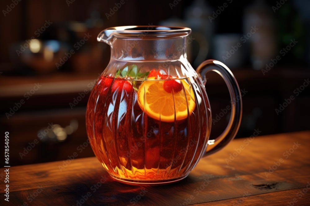 Poster a pitcher filled with an assortment of fresh fruit sits on top of a rustic wooden table. this image 