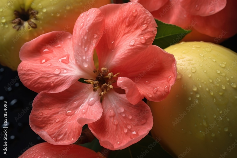 Poster a detailed close-up view of a bunch of fruit with water droplets. this image can be used to depict f