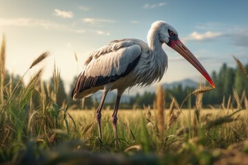 A bird with a long beak standing in a field. This image can be used to depict wildlife, nature, or birdwatching. - obrazy, fototapety, plakaty