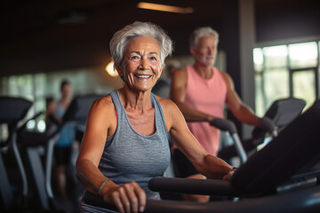Fototapeta na wymiar older gray-haired woman exercising at the gym. Ai generated