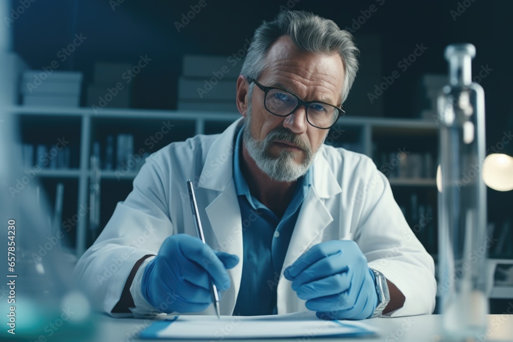 Poster A man wearing a lab coat is seen focusing on a piece of paper. This image can be used to depict scientific research, experiments, or problem-solving in various fields.