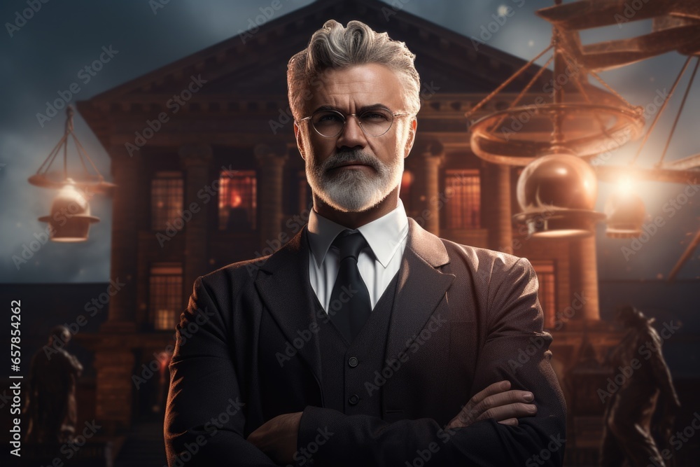 Poster a professional man wearing a suit and tie standing in front of a building. perfect for business-rela
