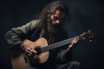 Obraz premium A picture of a man with long hair playing a guitar. This image can be used to depict a musician, a performer, or a person enjoying music.