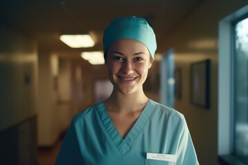 A woman wearing scrubs smiles for the camera. This image can be used to represent healthcare professionals, medical personnel, or the importance of a positive attitude in the healthcare industry.