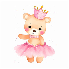  Cute teddy bear princess vector watercolor painted ilustration
