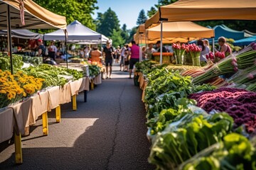 Fresh fruit and vegetables on the counter of a farmers market in the city
