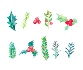 Set of watercolor winter twigs and foliage, red berries, pine branches, green spruce branches, New Year's set