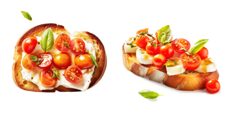 Bruschetta with cherry tomatoes and mozzarella Isolated cutout on transparent background,