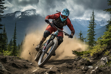 Mountain biker navigating a challenging terrain