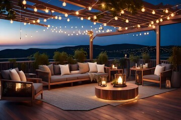 Obraz premium A photorealistic 3D rendering of a comfortable rooftop patio area with a lounging area, a hanging chair, and string lights at dusk in the summer. 