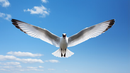 flying white seagull in blue sky over sea.