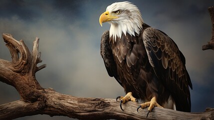 A majestic bald eagle perched on a weathered tree branch, its sharp eyes scanning the horizon