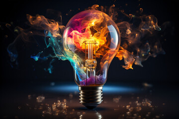 Light bulb explodes with multicolored fluids on dark background, creative idea concept