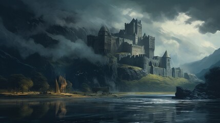 Naklejka na ściany i meble A majestic, stone fortress rising from the misty depths of a Scottish loch, shrouded in legends of battles past