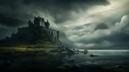 A majestic, stone fortress rising from the misty depths of a Scottish loch, shrouded in legends of battles past - obrazy, fototapety, plakaty