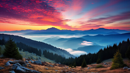 colorful sunset in the mountains. beautiful landscape in the carpathians. - obrazy, fototapety, plakaty