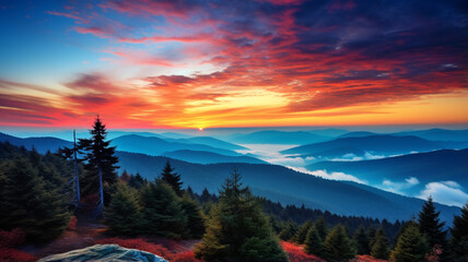 colorful sunset in the mountains. beautiful landscape in the carpathians.