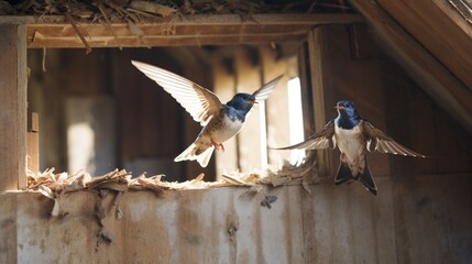 A pair of swallows building a nest under the eaves of a rustic barn, a testament to their craftsmanship - obrazy, fototapety, plakaty
