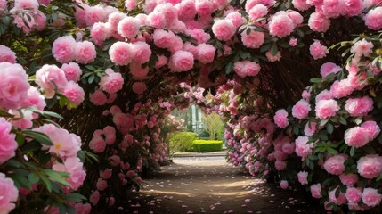 a pristine garden of camellias, with their perfect, symmetrical blooms in shades of pink and white, set against emerald foliage