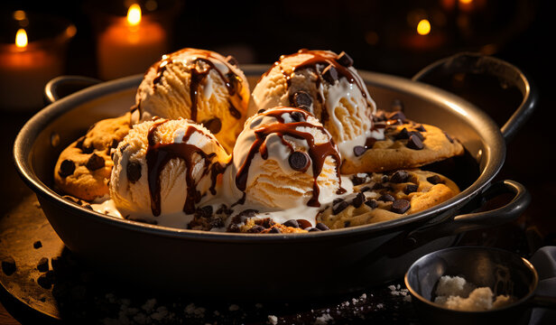 A delicious dessert with creamy ice cream and crumbly cookies. A pan filled with ice cream and cookies
