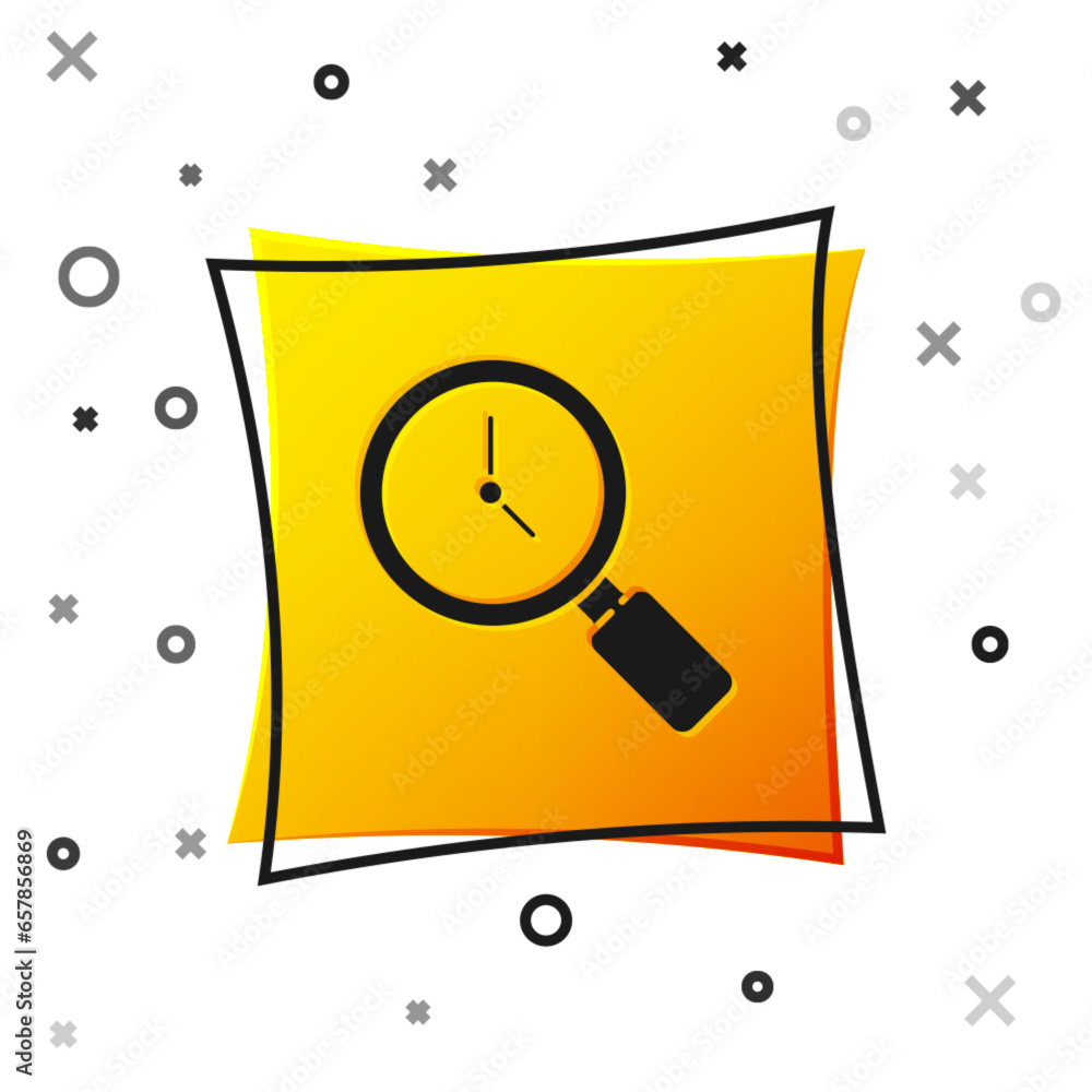 Poster black magnifying glass with clock icon isolated on white background. yellow square button. vector