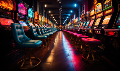 Brightly lit row of slot machines in a bustling casino - obrazy, fototapety, plakaty