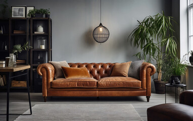 Retro-style living room with a timeless brown leather sofa. Generative AI
