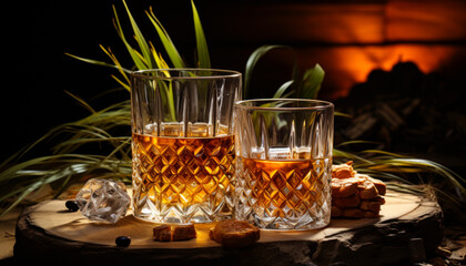 Two glasses of whiskey sitting on top of a wooden table