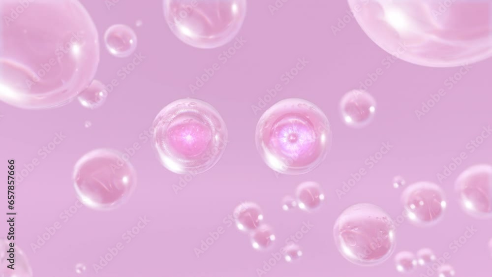 Poster a macro view of numerous liquid bubbles in the water on a soft pink background. with slow motion des