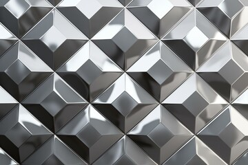 Silver diamond-shaped glossy tiles in a 3D wall arrangement. Luxurious, rendered background. Generative AI