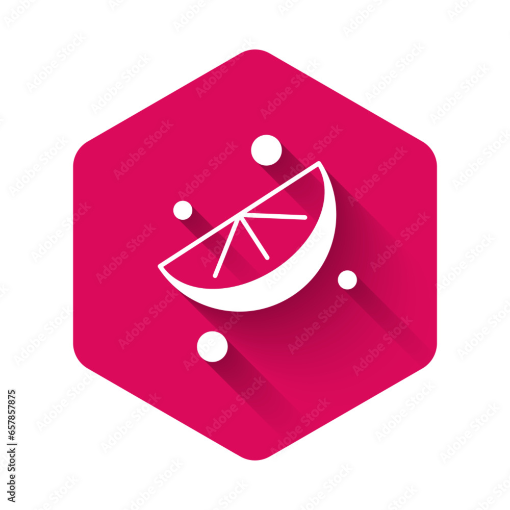 Poster white sliced lime icon isolated with long shadow background. pink hexagon button. vector