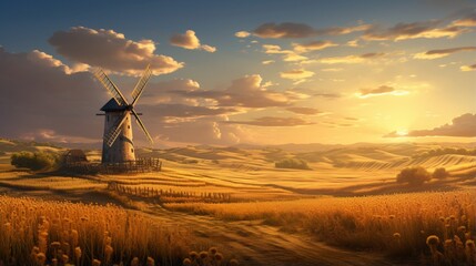 A rustic, weathered windmill stands tall amidst a field of golden wheat, touched by the evening sun - obrazy, fototapety, plakaty