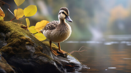 a little duck is sitting on a tree branch. close up.