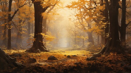 A beautiful autumn forest with golden leaves, sunlight filtering through the trees, and an enchanting misty atmosphere