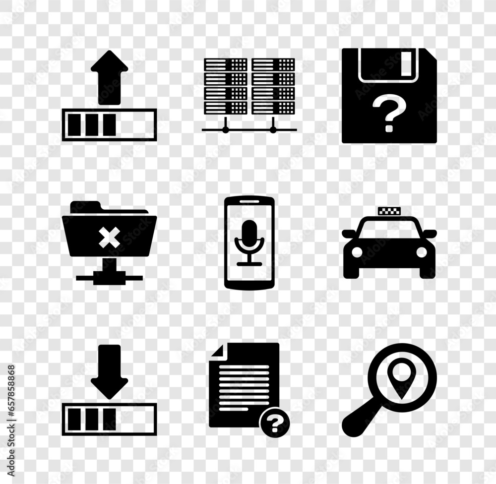 Poster set loading, server, data, web hosting, unknown document, , and search location icon. vector
