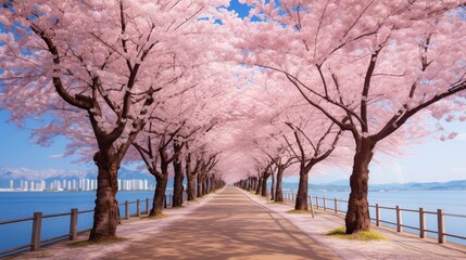 a serene cherry blossom avenue, where the delicate pink flowers create a breathtaking canopy against a clear, blue sky