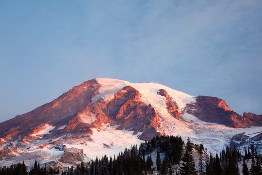 Washington, United States Of America; Sunrise On Mount Rainier At Paradise Park In Mt. Rainier National Park