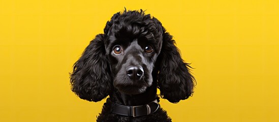 Beautiful black poodle photographed up close on a colored background - obrazy, fototapety, plakaty