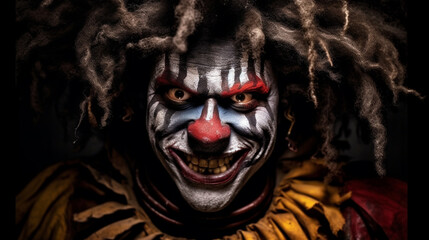 Angry clown, face contorted in rage, eyes wide and glaring.