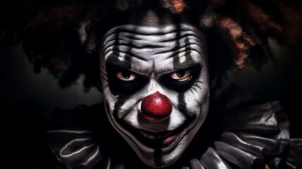 Angry clown, face contorted in rage, eyes wide and glaring. - obrazy, fototapety, plakaty